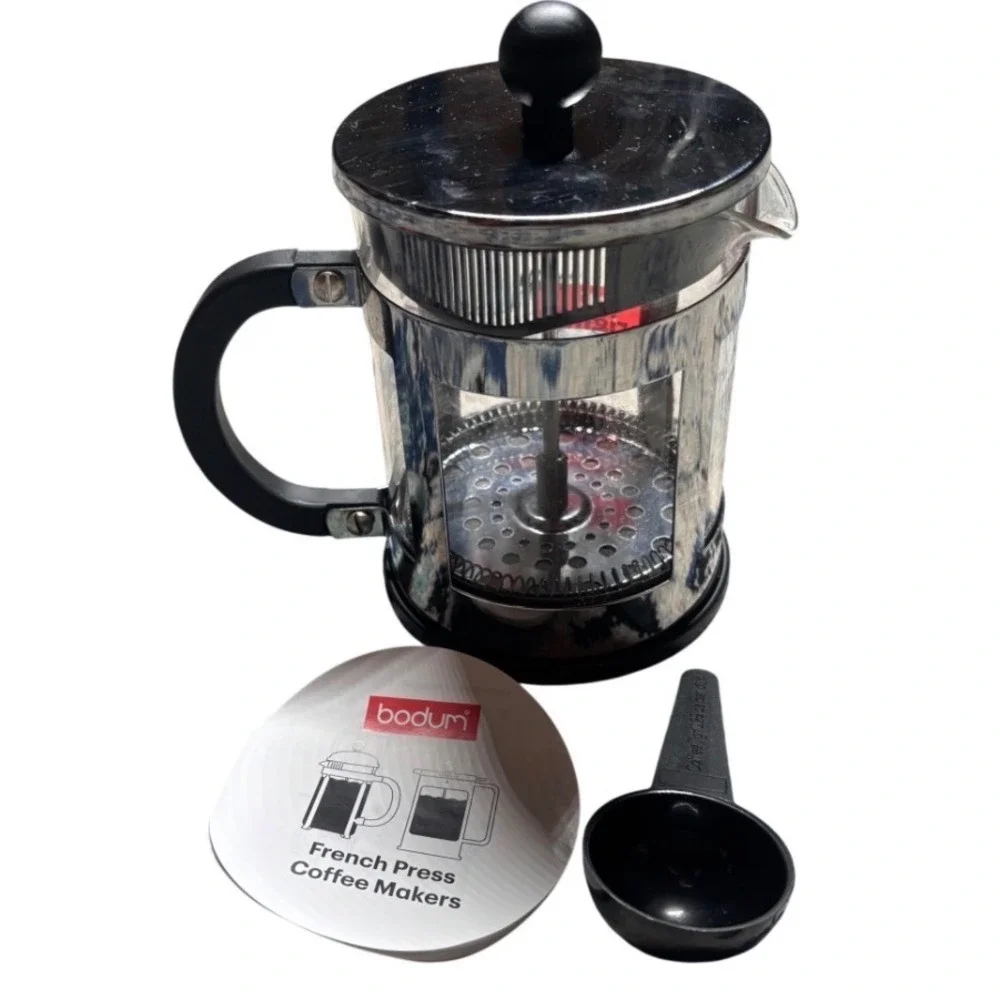Bodum French Press Coffee Maker Chrome Glass Manual Brewer with Scoop Silver